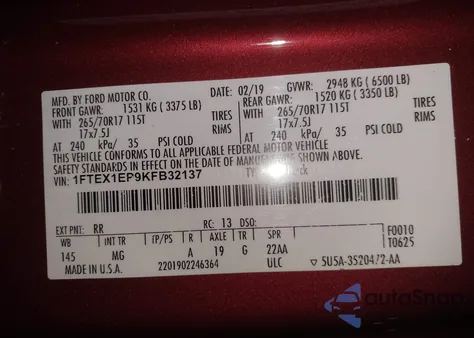 2019 Ford F-150 Xlt из США, поврежденный, VIN 1FTEX1EP9KFB32137